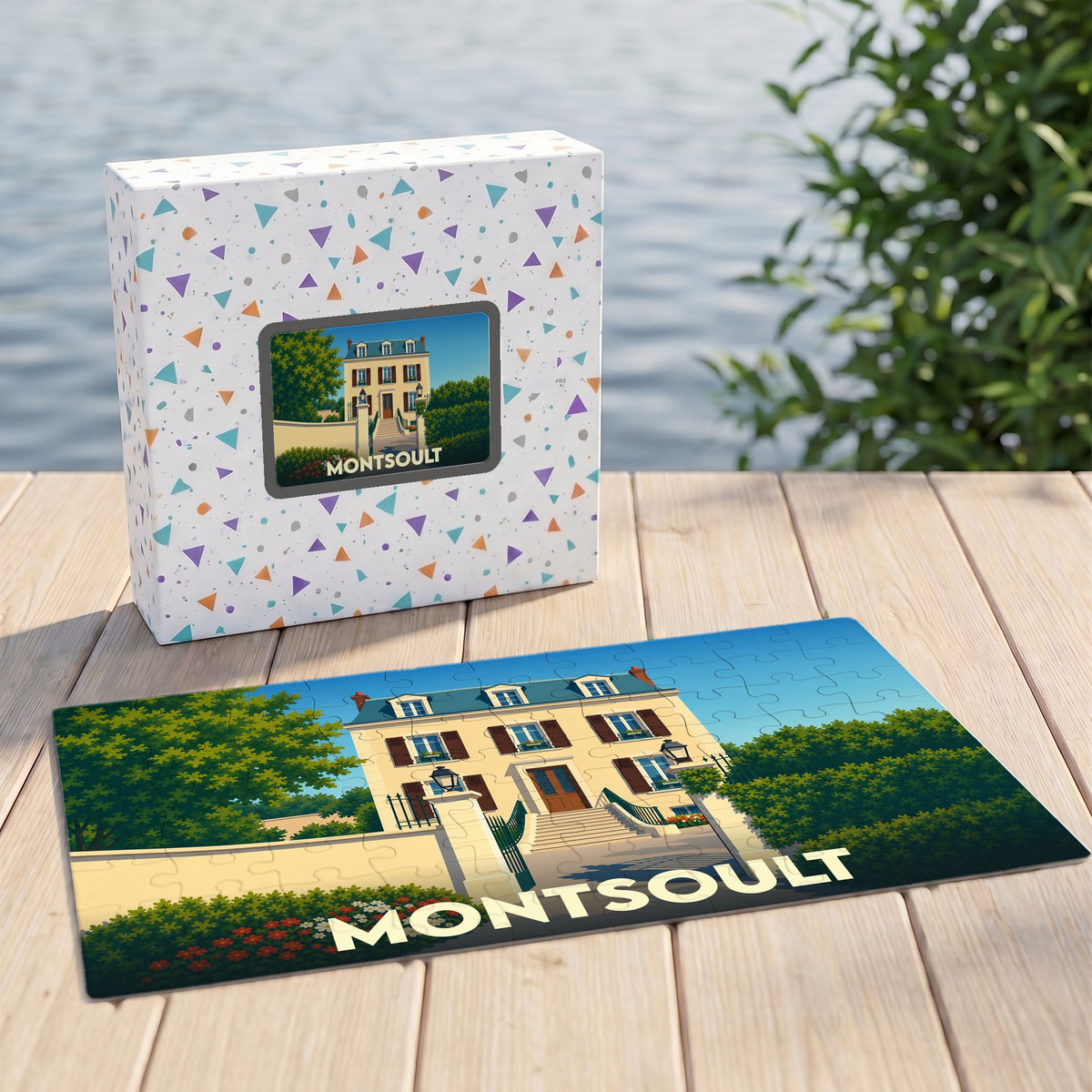 Puzzle souvenir de la ville de Montsoult avec une illustration stylisée d'une demeure bourgeoise.