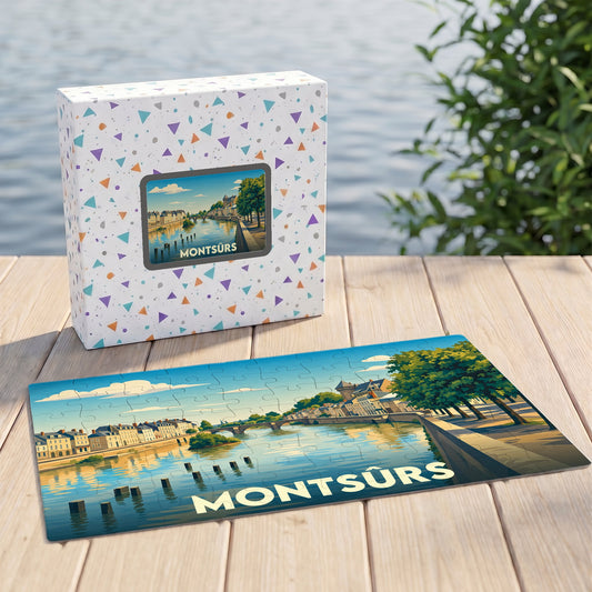Puzzle souvenir de la ville de Montsûrs avec une illustration stylisée d'un paysage fluvial.