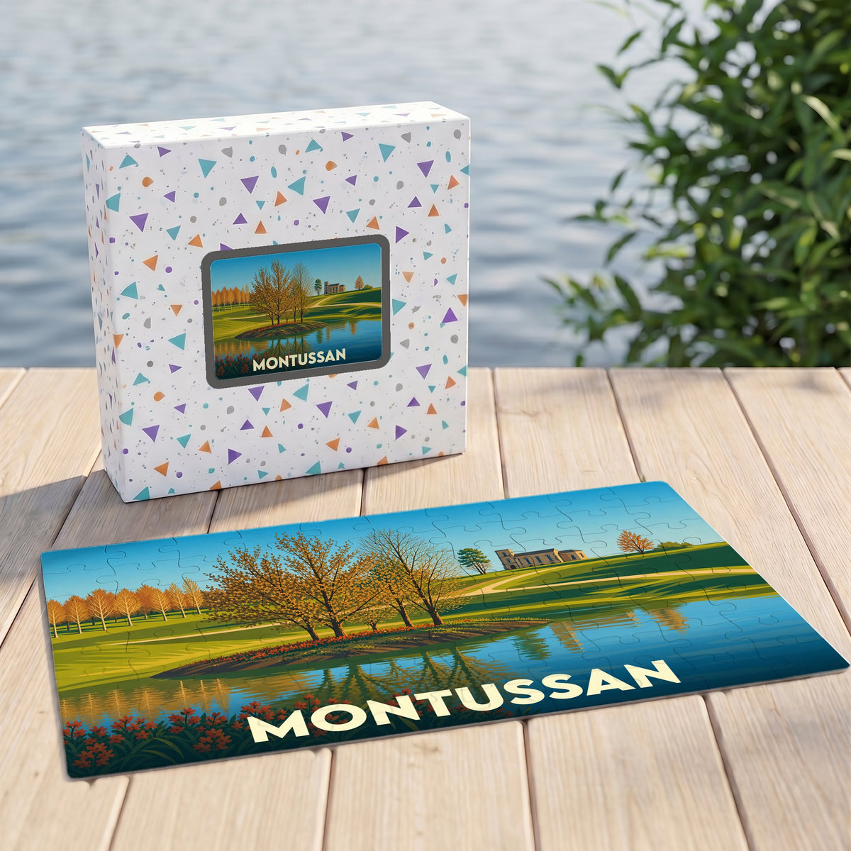 Puzzle souvenir de la ville de Montussan avec une illustration paysagère stylisée.
