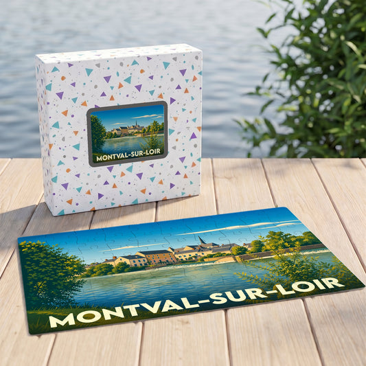 Puzzle souvenir de la ville de Montval-sur-Loir avec une illustration stylisée d'un paysage fluvial.