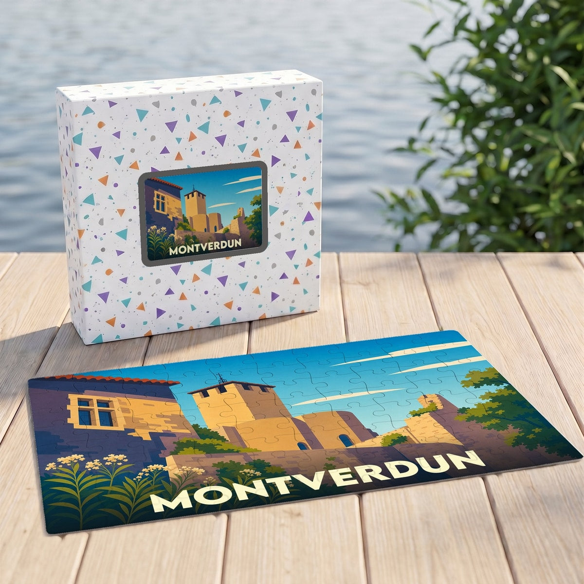 Puzzle souvenir de la ville de Montverdun présentant une illustration stylisée de son patrimoine architectural.