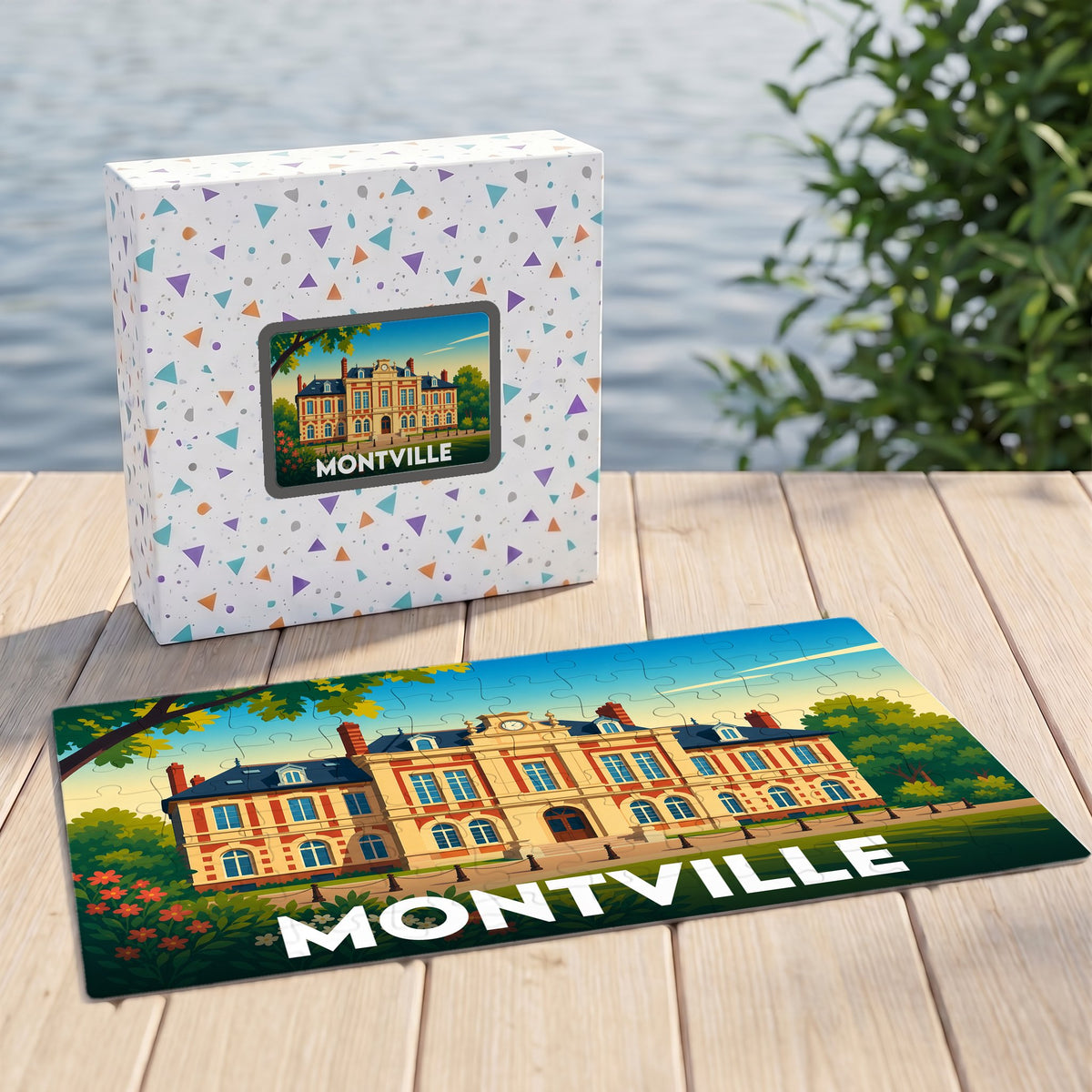Puzzle souvenir de la ville de Montville avec une illustration stylisée d'un bâtiment historique.