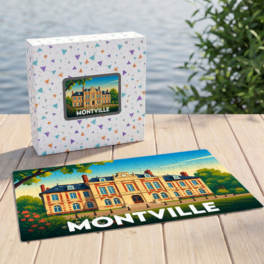 Puzzle souvenir de la ville de Montville avec une illustration stylisée d'un bâtiment historique.