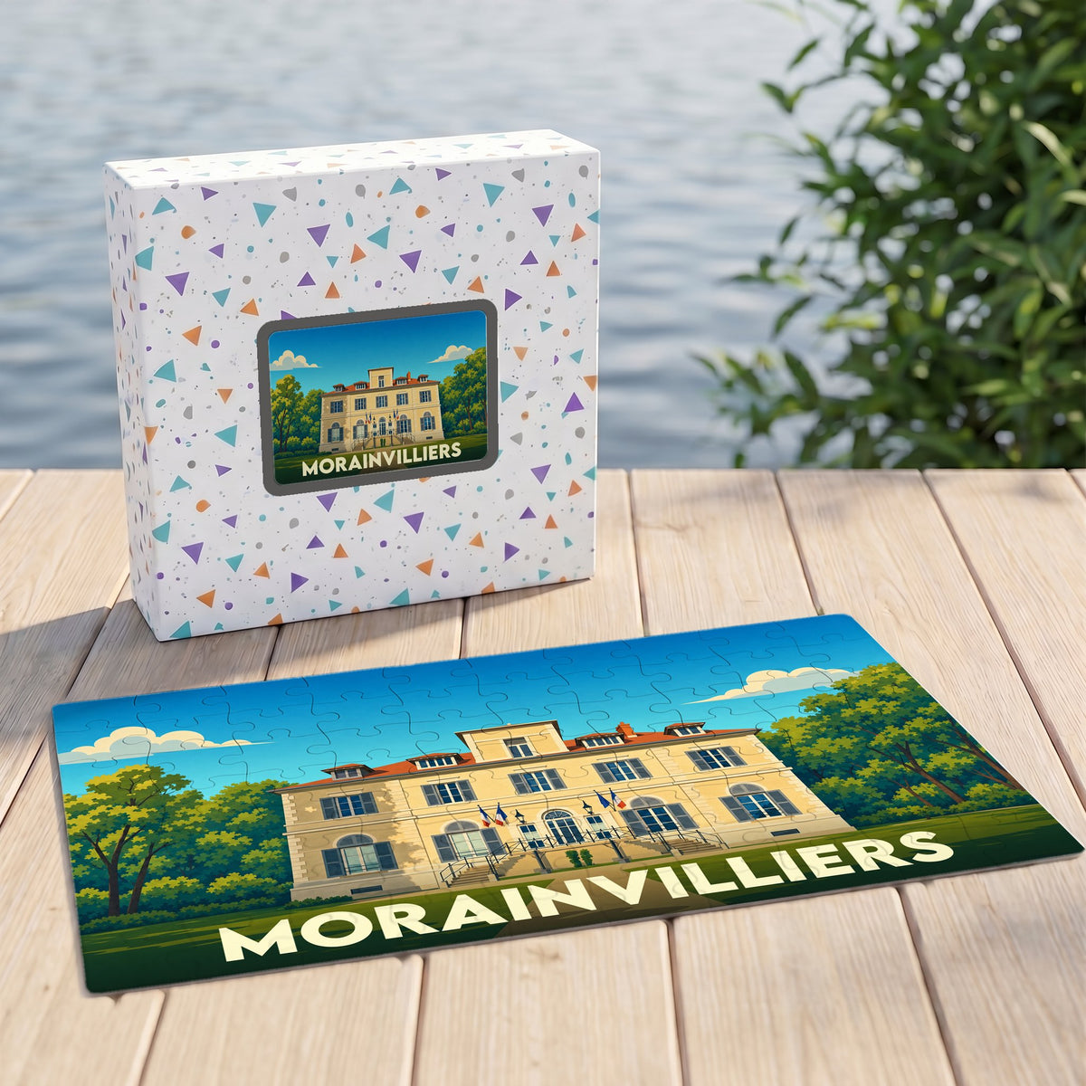Puzzle souvenir de la ville de Morainvilliers représentant une demeure élégante sous forme d'illustration colorée.
