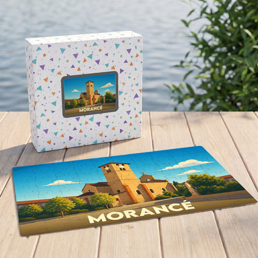 Puzzle souvenir de la ville de Morancé avec une illustration stylisée de son église et de son clocher.