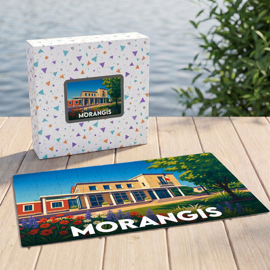 Puzzle souvenir de la ville de Morangis avec une illustration stylisée de sa mairie.