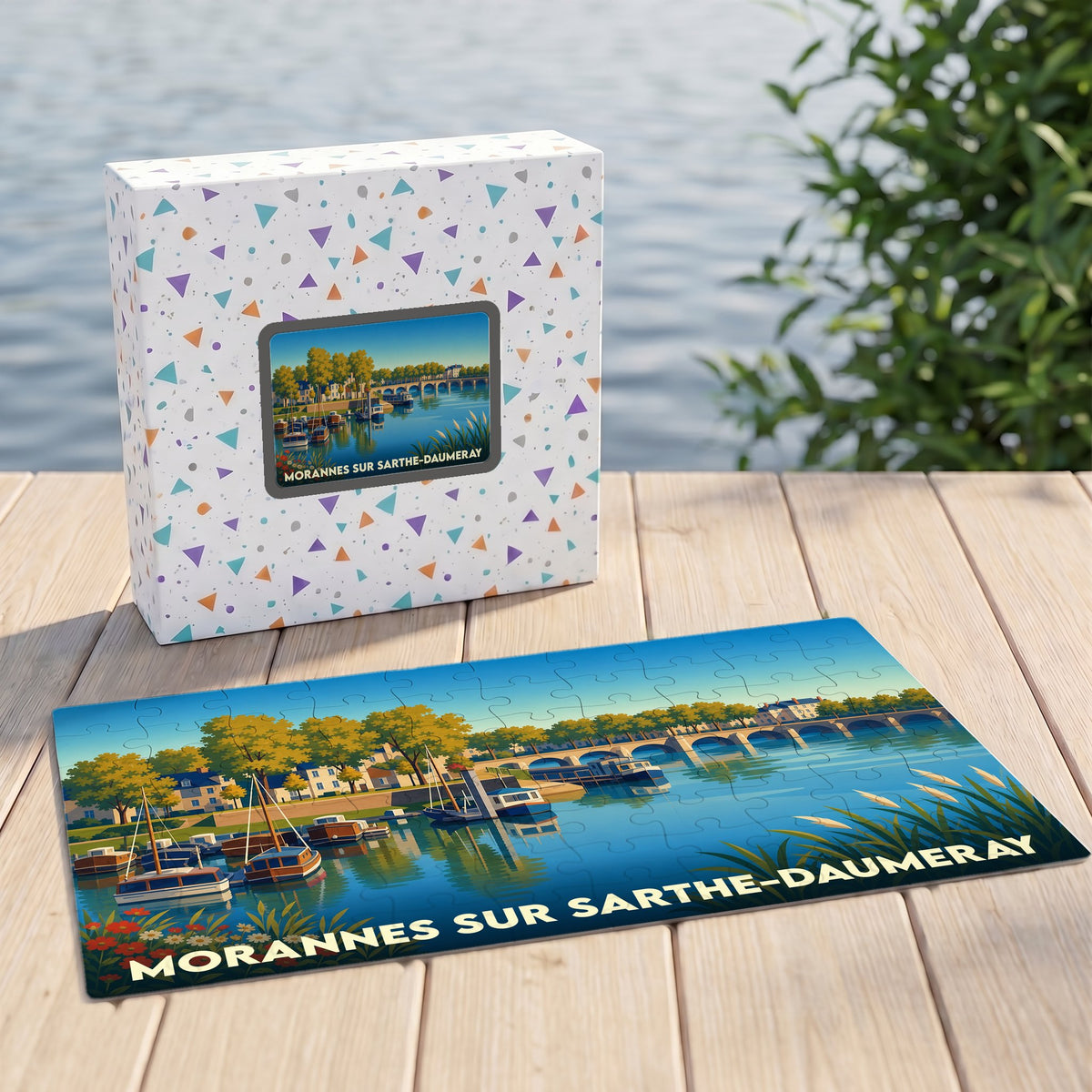 Puzzle souvenir de la ville de Morannes sur Sarthe-Daumeray avec une illustration stylisée de ses bords de Sarthe.