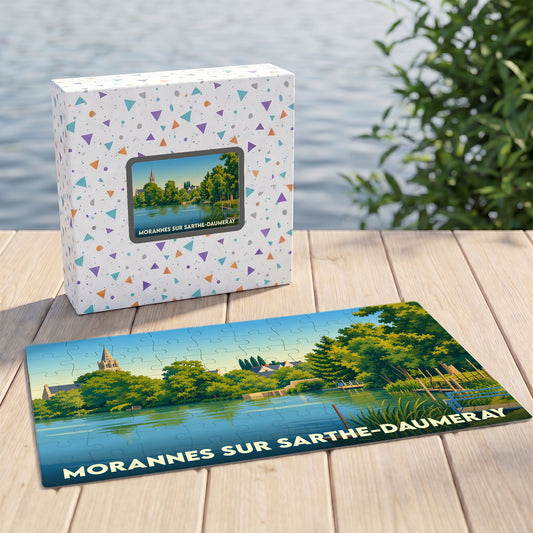 Puzzle souvenir de la ville de Morannes sur Sarthe-Daumeray avec une illustration paysagère stylisée.