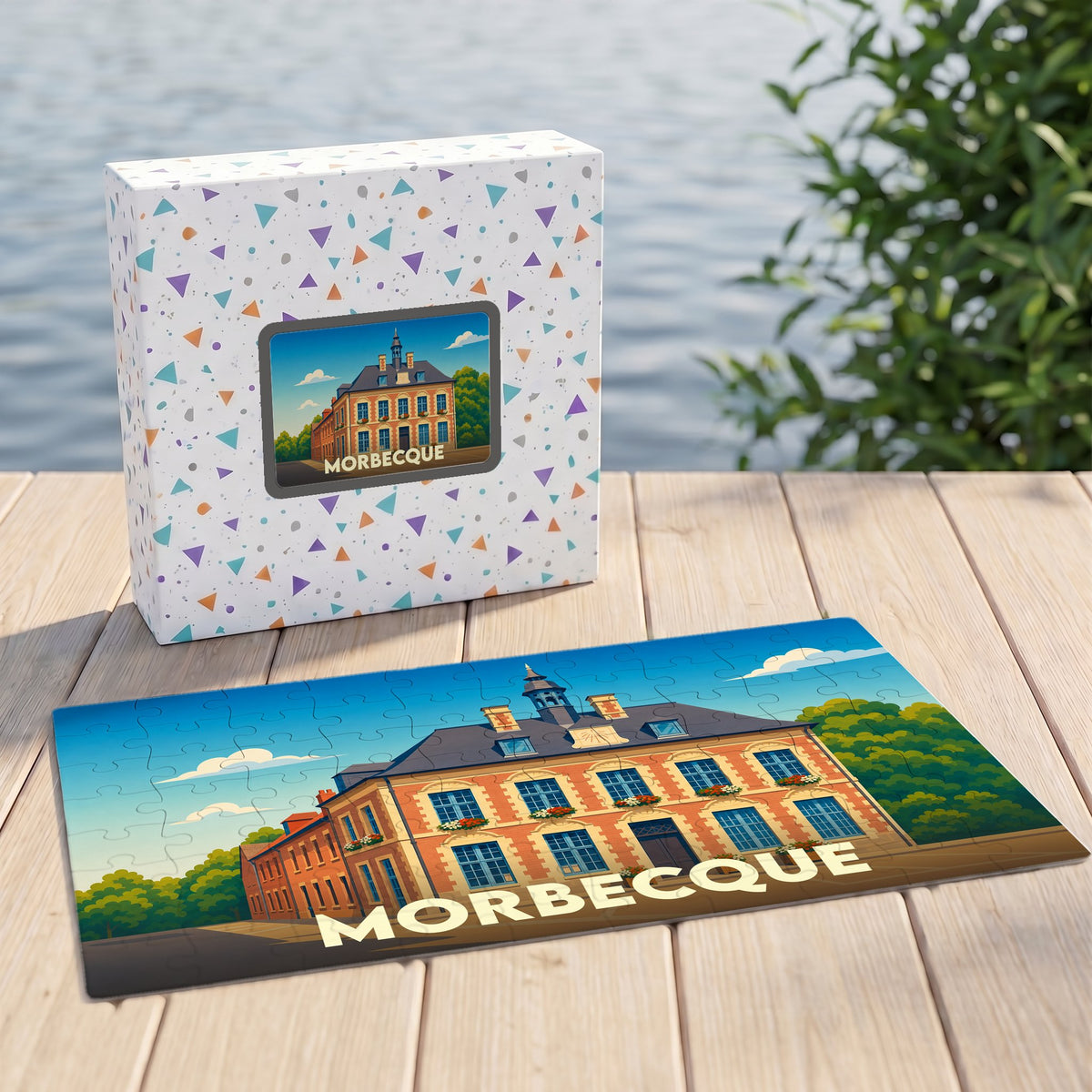Puzzle souvenir de la ville de Morbecque avec une illustration stylisée.