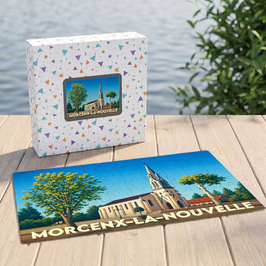 Puzzle souvenir de la ville de Morcenx-la-Nouvelle avec une illustration stylisée d'une église.