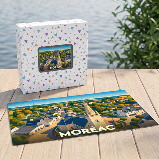 Puzzle souvenir de la ville de Moréac avec une illustration stylisée d'un paysage urbain et son église.