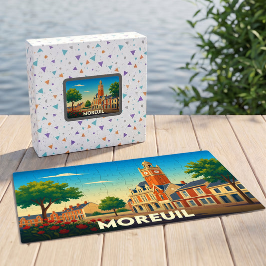 Puzzle souvenir de la ville de Moreuil avec une illustration stylisée de son hôtel de ville.