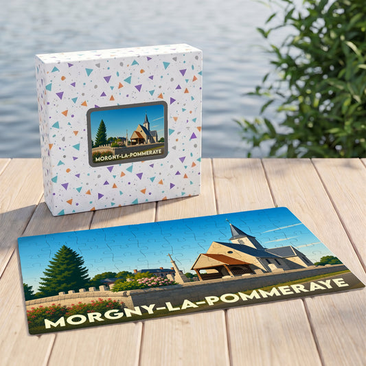 Puzzle souvenir de la ville de Morgny-la-Pommeraye avec une illustration stylisée de son église.