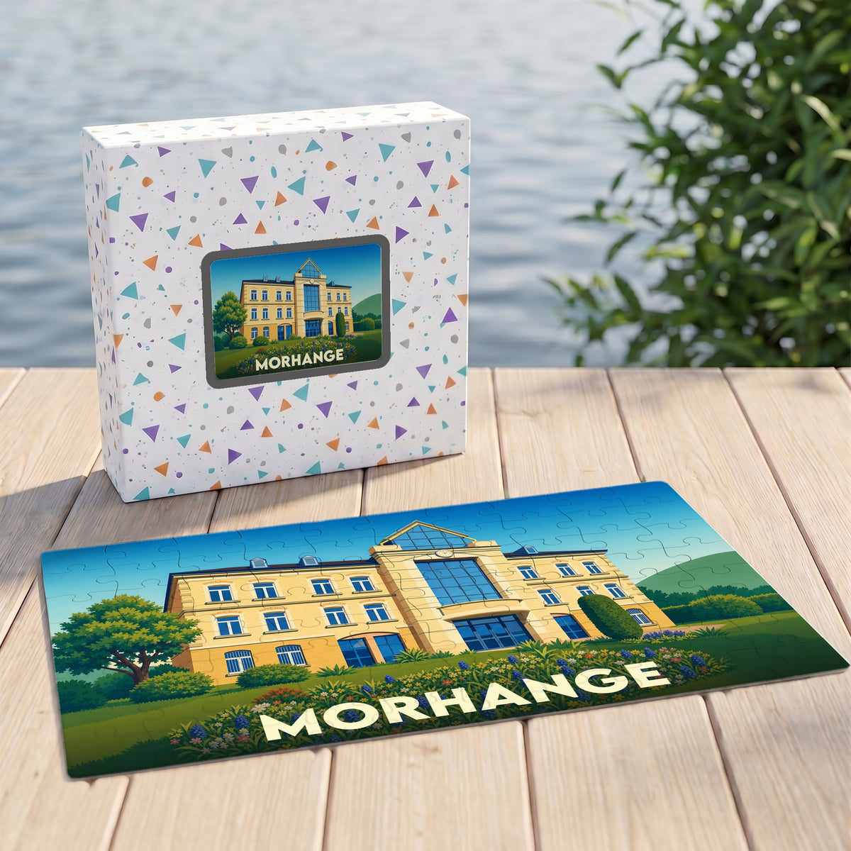 Puzzle souvenir de la ville de Morhange avec une illustration stylisée de son hôtel de ville.