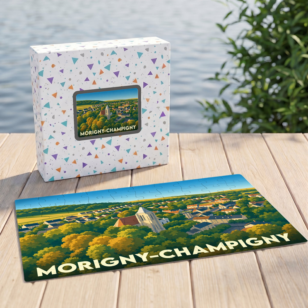 Puzzle souvenir de la ville de Morigny-Champigny avec une illustration stylisée de son paysage urbain verdoyant.