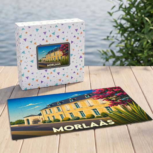 Puzzle souvenir de la ville de Morlaàs avec une illustration stylisée d'un bâtiment historique.