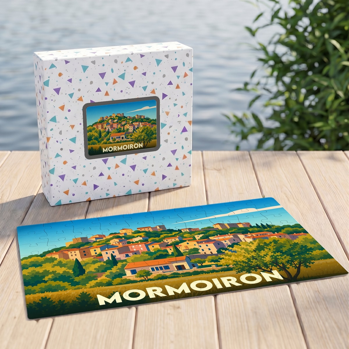 Puzzle souvenir de la ville de Mormoiron avec une illustration colorée et stylisée du village.