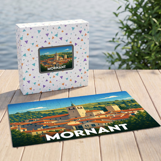 Puzzle souvenir de la ville de Mornant avec une illustration panoramique stylisée.