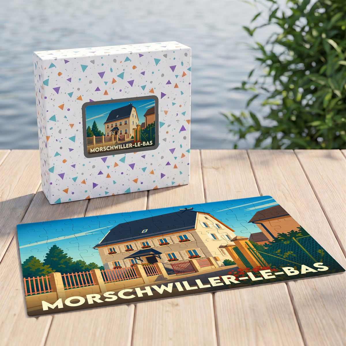 Puzzle souvenir de la ville de Morschwiller-le-Bas avec une illustration stylisée d'une maison alsacienne.