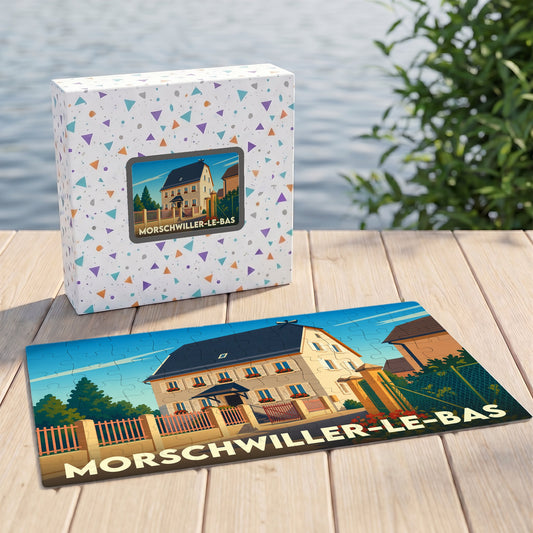 Puzzle souvenir de la ville de Morschwiller-le-Bas avec une illustration stylisée d'une maison alsacienne.