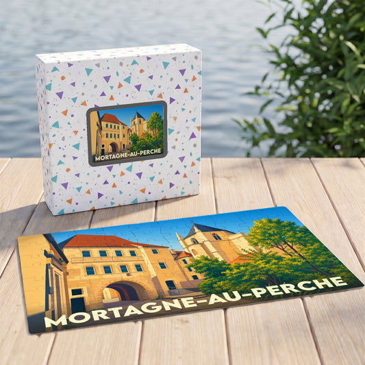 Puzzle souvenir de la ville de Mortagne-au-Perche avec son illustration stylisée et sa boîte assortie.