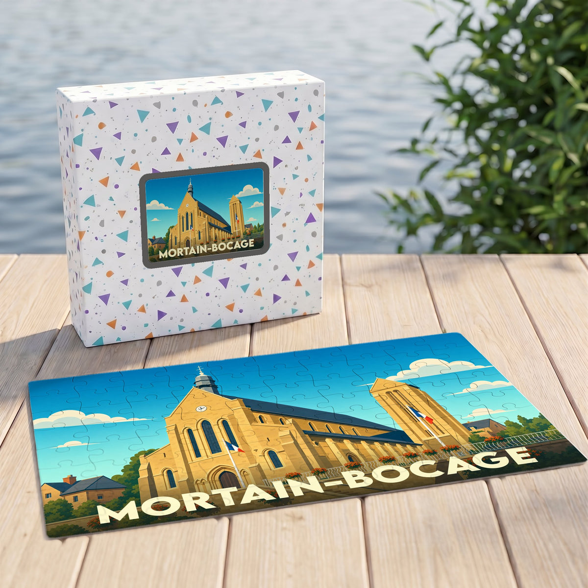 Puzzle souvenir de la ville de Mortain-Bocage avec une illustration stylisée d'une église sous un ciel bleu.