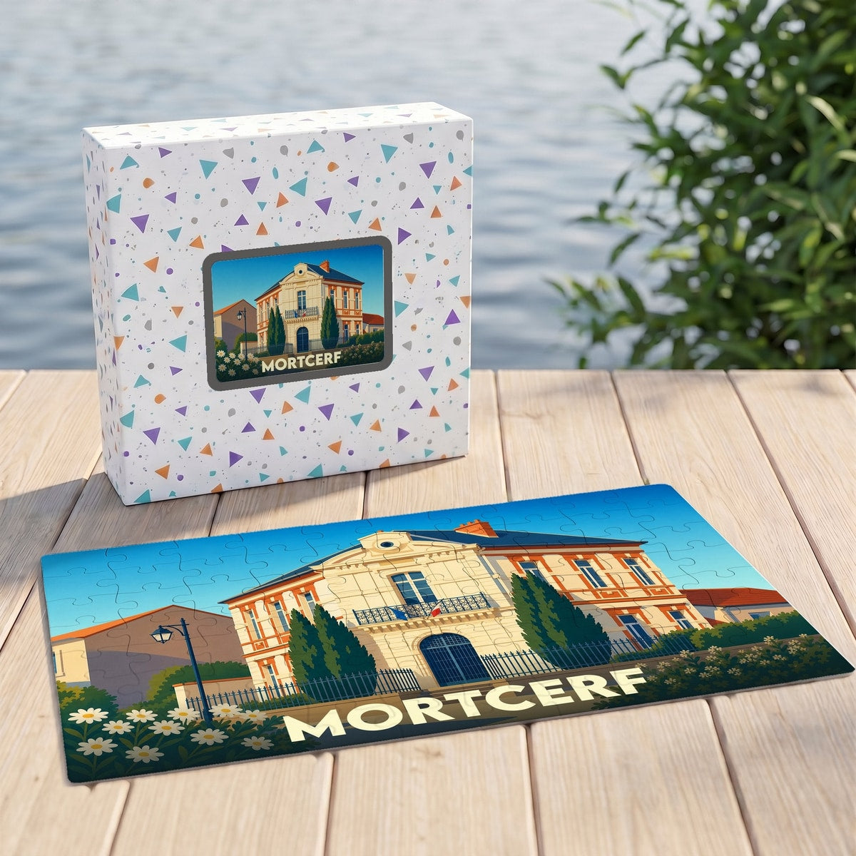 Puzzle souvenir de la ville de Mortcerf avec une illustration stylisée de sa mairie.