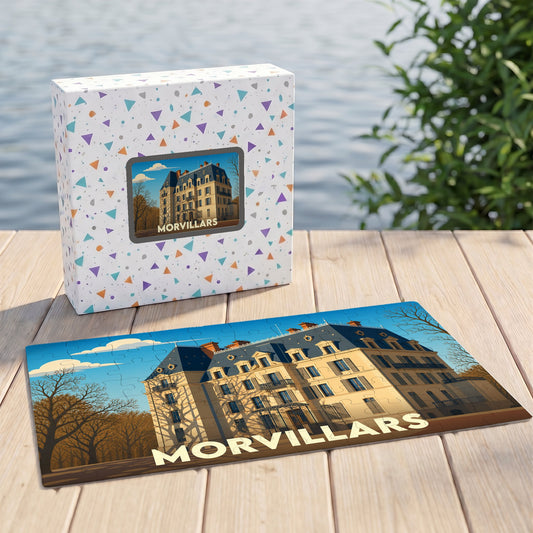 Puzzle souvenir de la ville de Morvillars avec une illustration stylisée d'un château.
