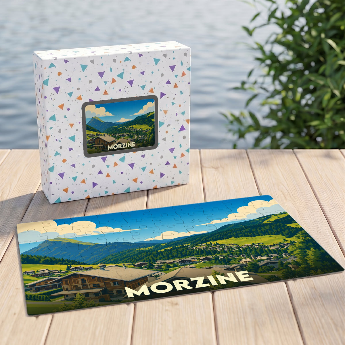 Puzzle souvenir de la ville de Morzine avec une illustration stylisée de montagne et son coffret assorti.