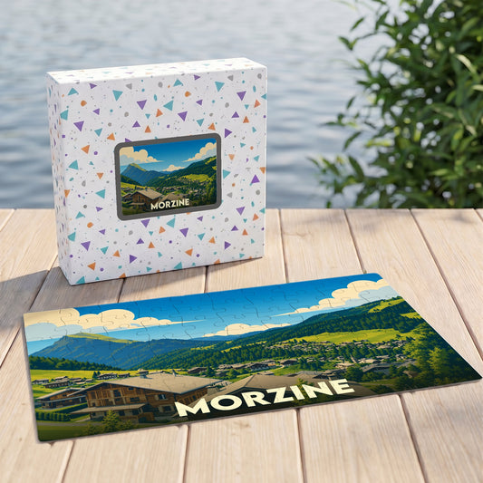 Puzzle souvenir de la ville de Morzine avec une illustration stylisée de montagne et son coffret assorti.