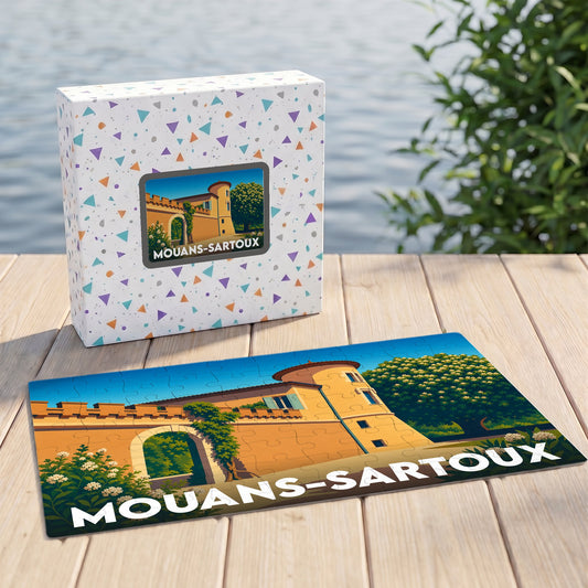 Puzzle souvenir de la ville de Mouans-Sartoux avec une illustration stylisée de son château.