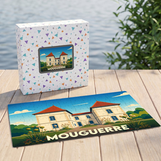 Puzzle souvenir de la ville de Mouguerre avec une illustration stylisée d'une demeure traditionnelle.