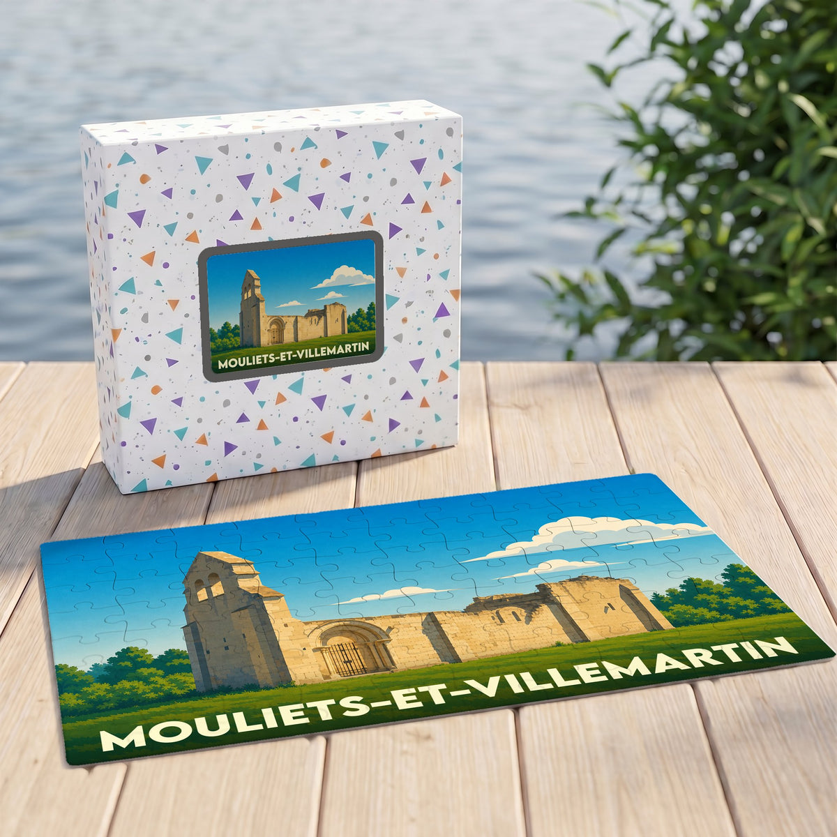 Puzzle souvenir de la ville de Mouliets-et-Villemartin avec une illustration stylisée de ses ruines historiques.
