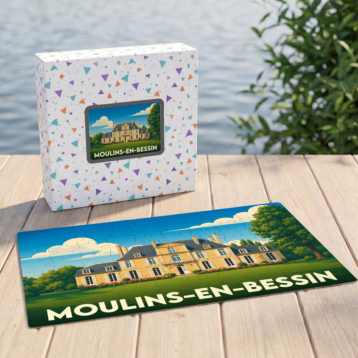 Puzzle souvenir de la ville de Moulins-en-Bessin avec une illustration stylisée de son château.