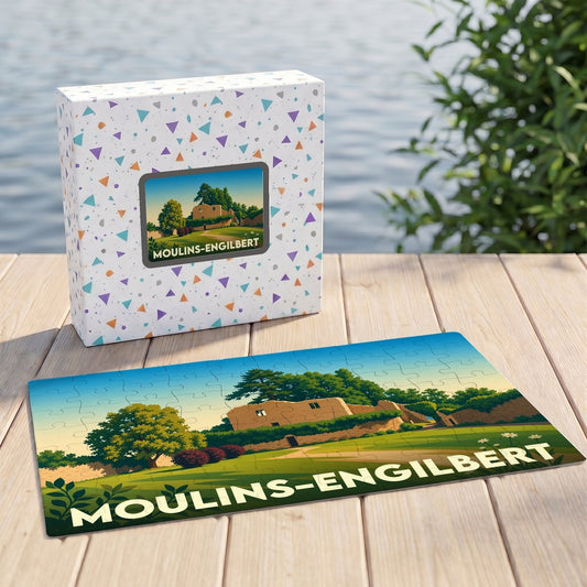 Puzzle souvenir de la ville de Moulins-Engilbert avec une illustration stylisée d'un paysage historique.