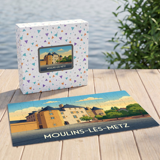 Puzzle souvenir de la ville de Moulins-lès-Metz avec une illustration stylisée d'un château.