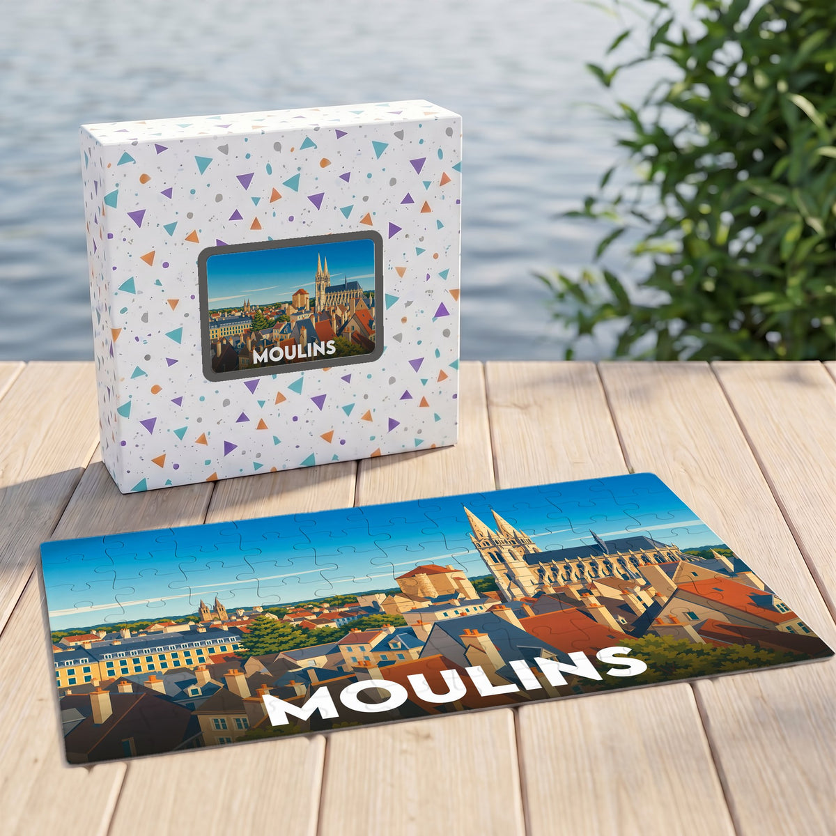 Puzzle souvenir de la ville de Moulins avec une illustration stylisée de son architecture.