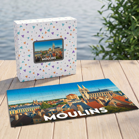 Puzzle souvenir de la ville de Moulins avec une illustration stylisée de son architecture.