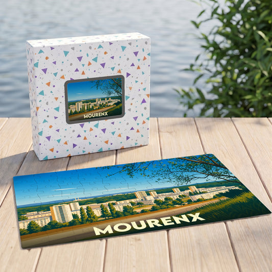 Puzzle souvenir de la ville de Mourenx avec une illustration panoramique stylisée dans sa boîte assortie.