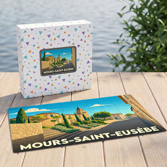Puzzle souvenir de la ville de Mours-Saint-Eusèbe avec une illustration stylisée de son paysage urbain.