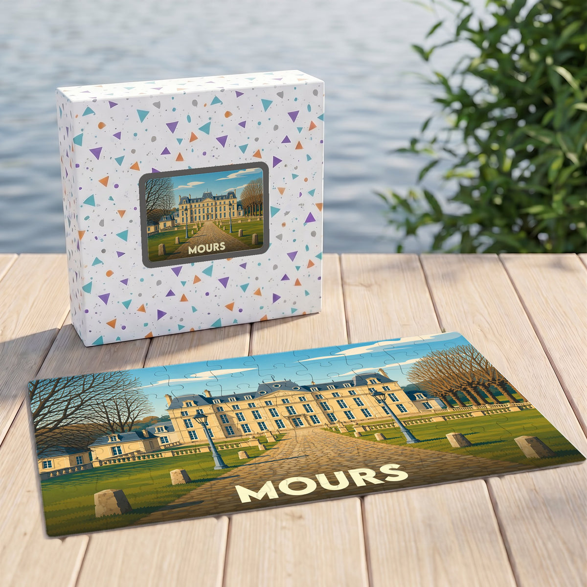 Puzzle souvenir de la ville de Mours avec une illustration stylisée d'un château sur sa boîte et assemblé.