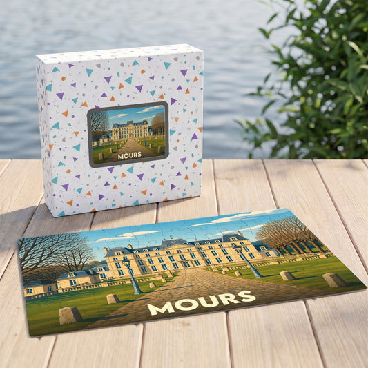Puzzle souvenir de la ville de Mours avec une illustration stylisée d'un château sur sa boîte et assemblé.