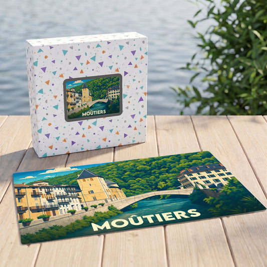 Puzzle souvenir de la ville de Moûtiers avec une illustration stylisée d'un pont et de bâtiments colorés.