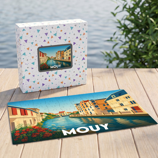 Puzzle souvenir de la ville de Mouy avec une illustration stylisée de ses canaux.