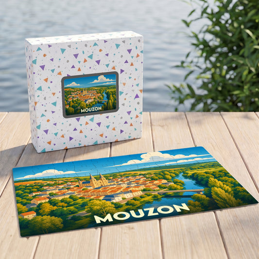 Puzzle souvenir de la ville de Mouzon avec une illustration stylisée de son paysage urbain et de sa rivière.