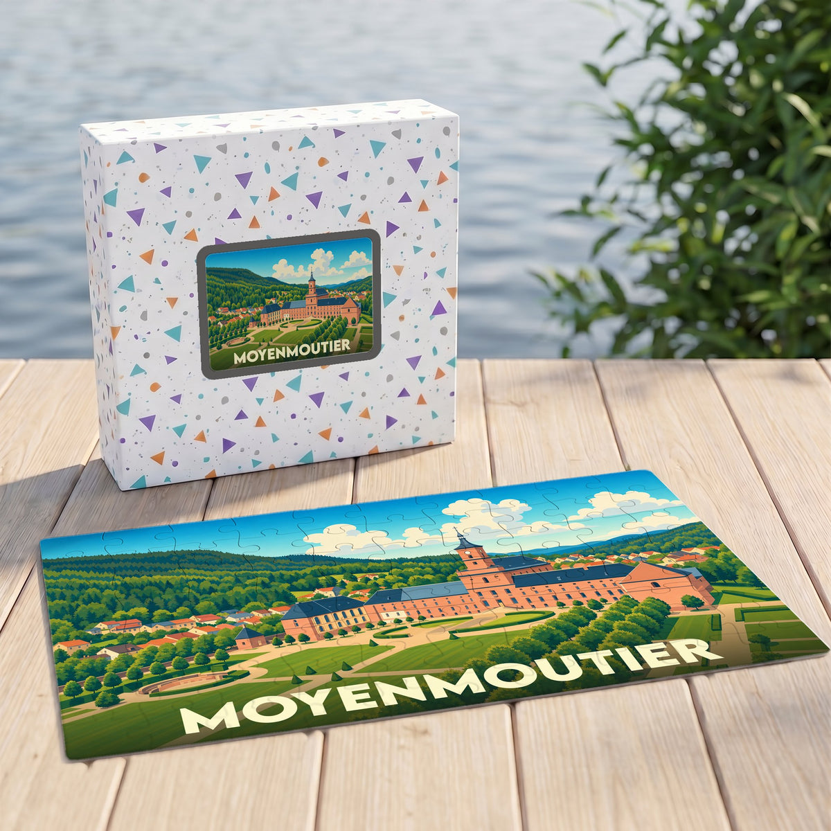 Puzzle souvenir de la ville de Moyenmoutier avec une illustration stylisée.