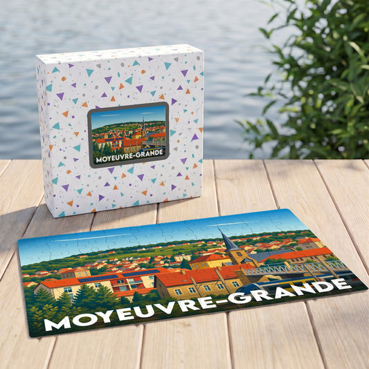 Puzzle souvenir de la ville de Moyeuvre-Grande avec une illustration panoramique stylisée.