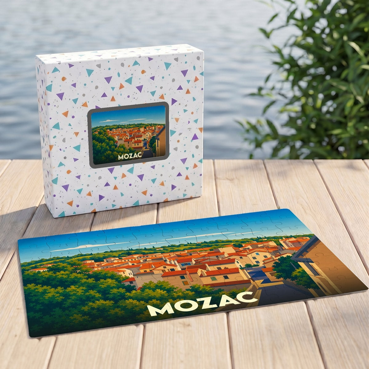 Puzzle souvenir de la ville de Mozac avec une illustration stylisée de ses toits.