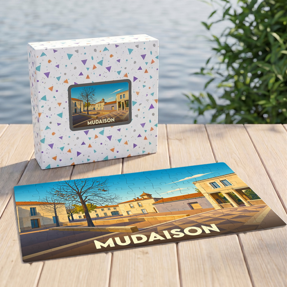 Puzzle souvenir de la ville de Mudaison illustré d'un dessin stylisé de sa place centrale.