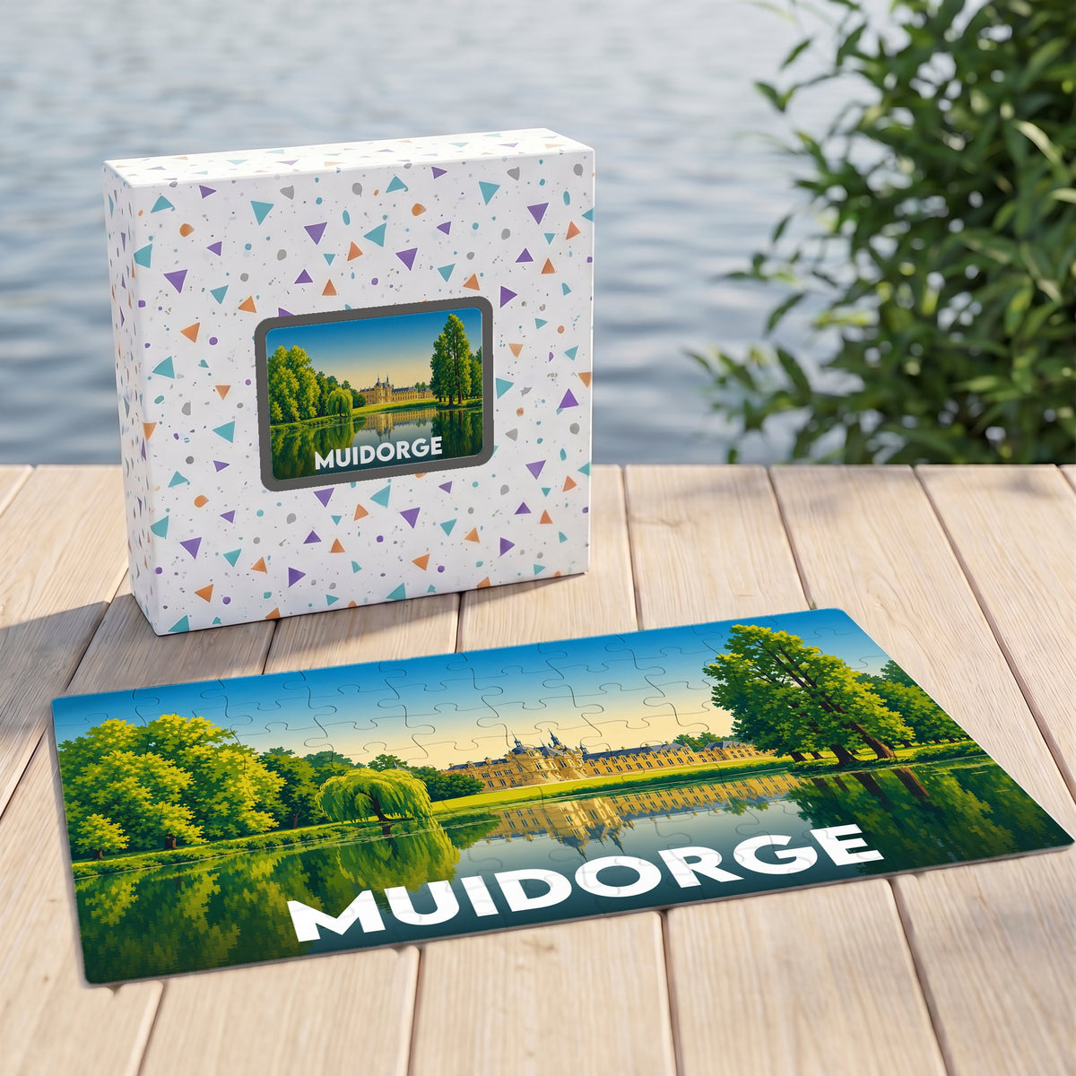 Puzzle souvenir de la ville de Muidorge illustrant un château au bord de l'eau.